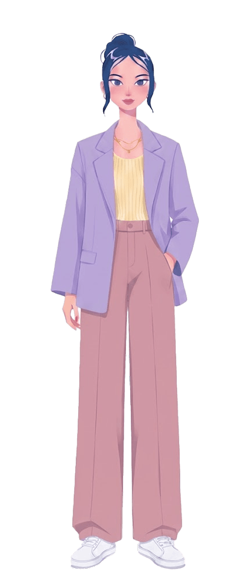 Refined editorial 2D Janet character design with one hand in her pocket