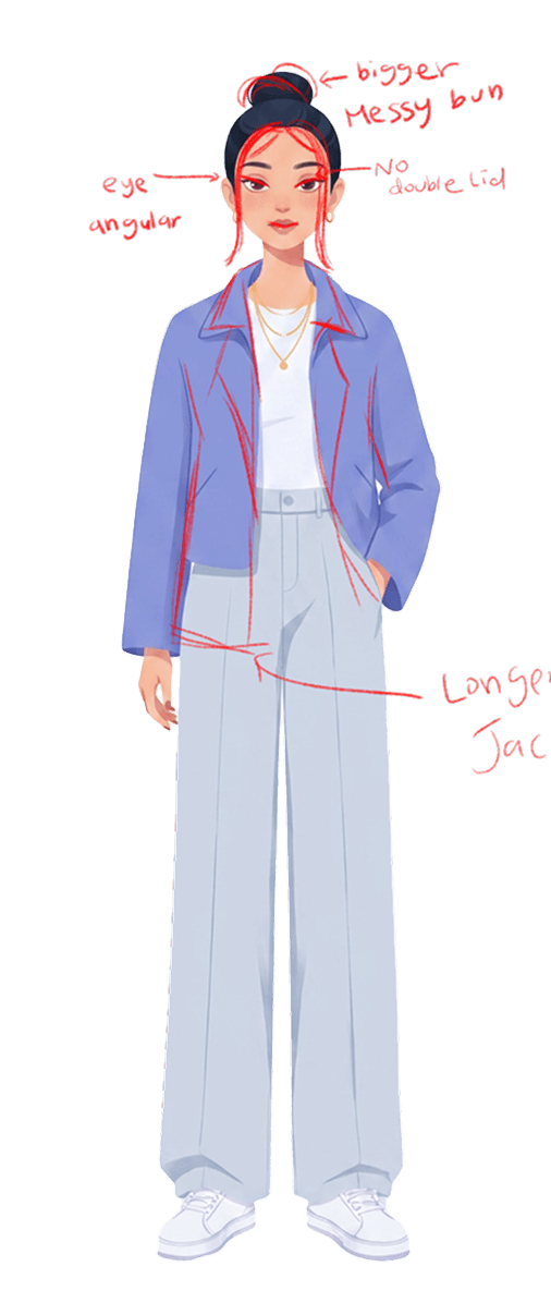 Draw-over notes refining Janet’s proportions, hair, face, and jacket