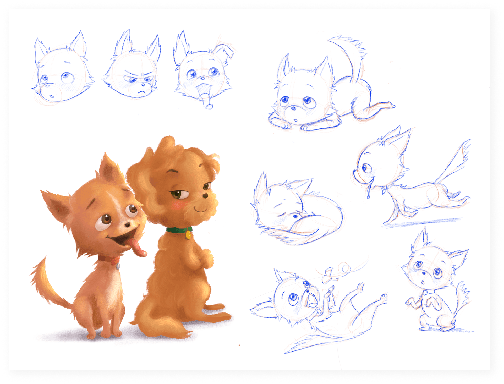 Creature character sketches exploring two expressive dog personalities