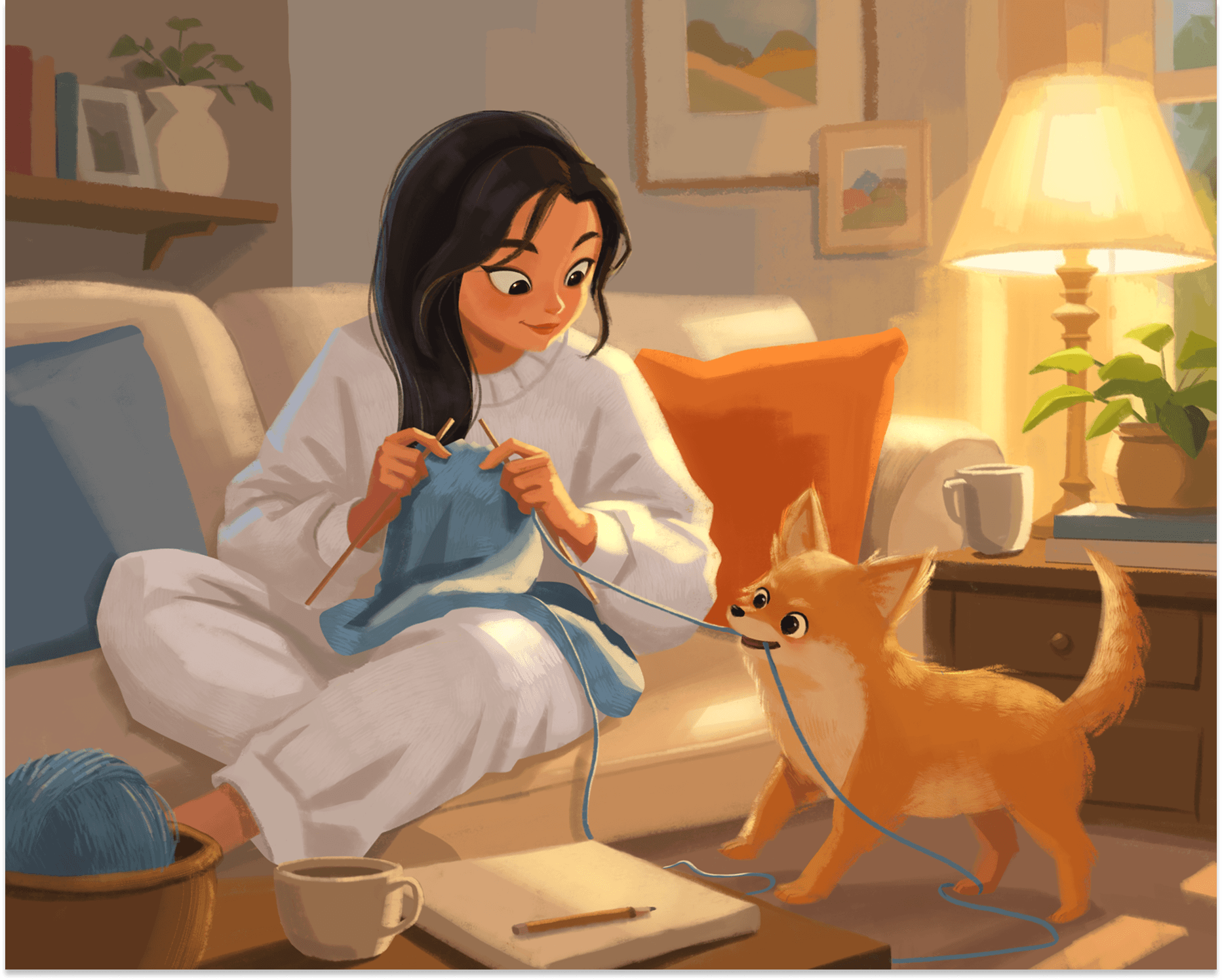 Hand-painted visual development scene of a woman knitting on a sofa while her playful Pomeranian pulls the blue yarn.