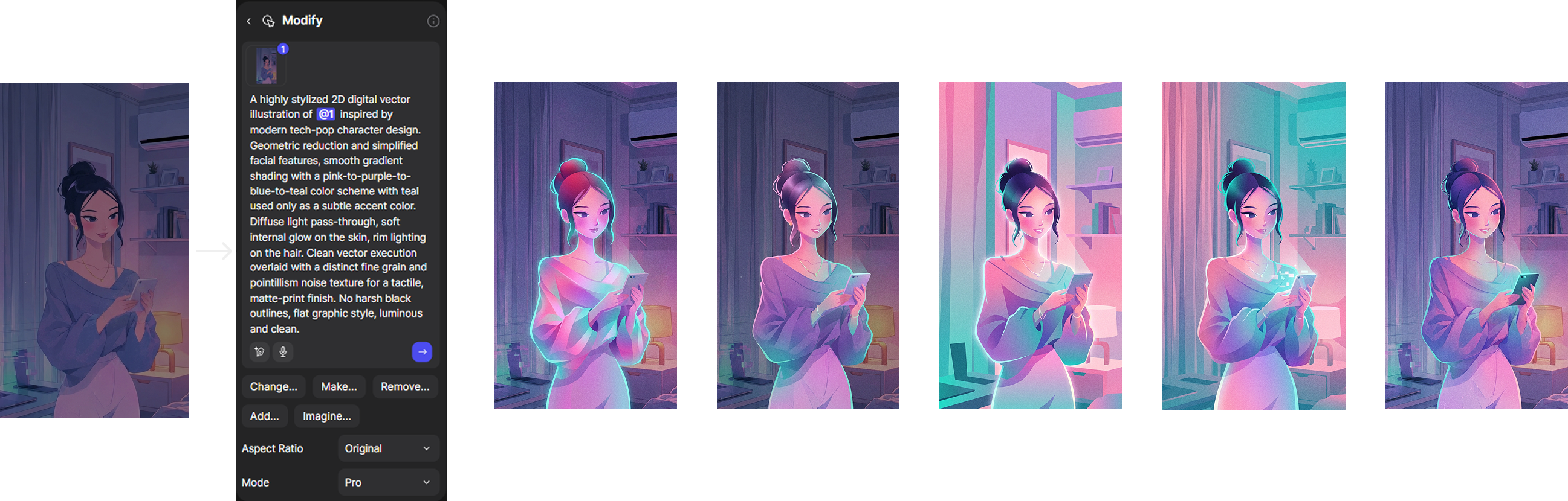 Directed AI image iterations showing the source frame, modify panel, and refined character variations