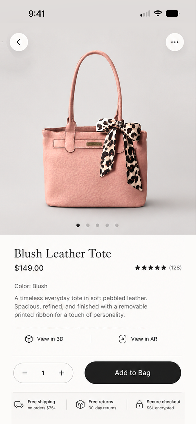 Product detail and purchase view featuring the handbag