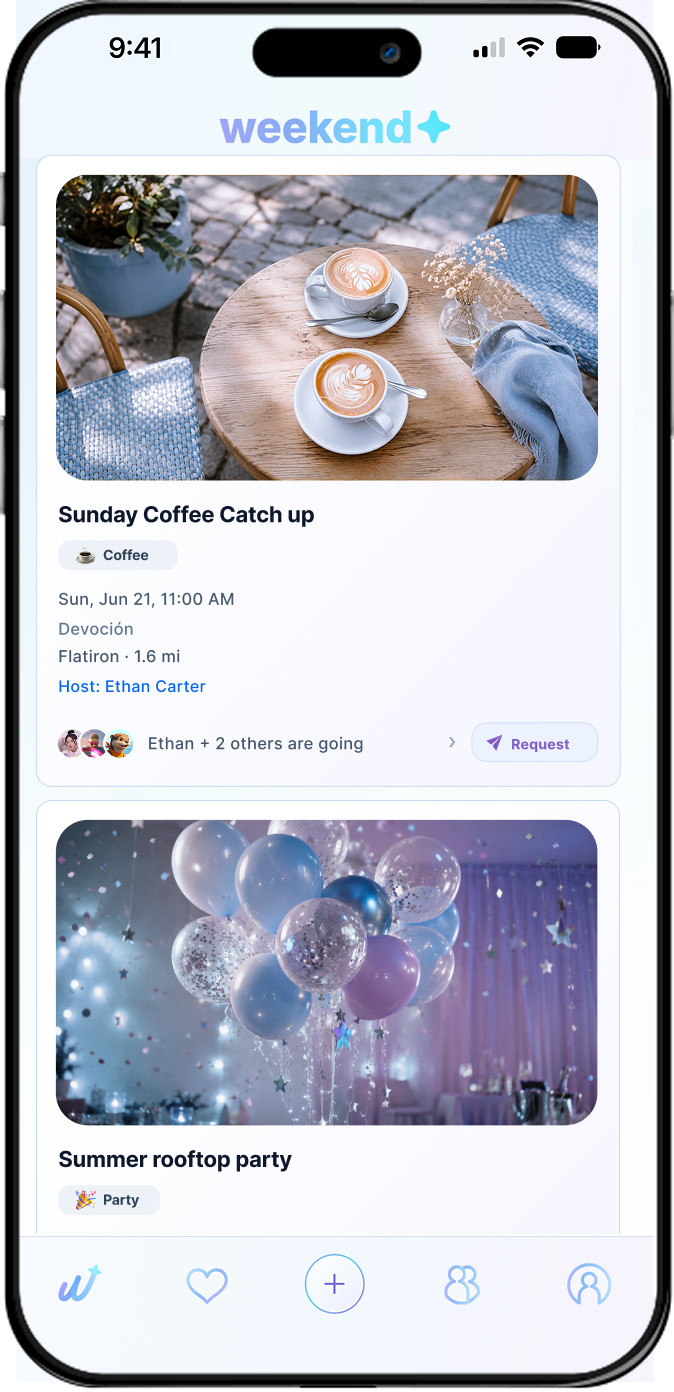 Weekend event cards shown in the finished mobile product