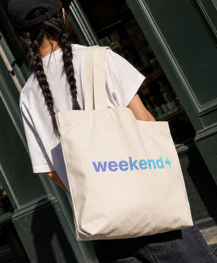 Weekend logo printed on a canvas tote bag