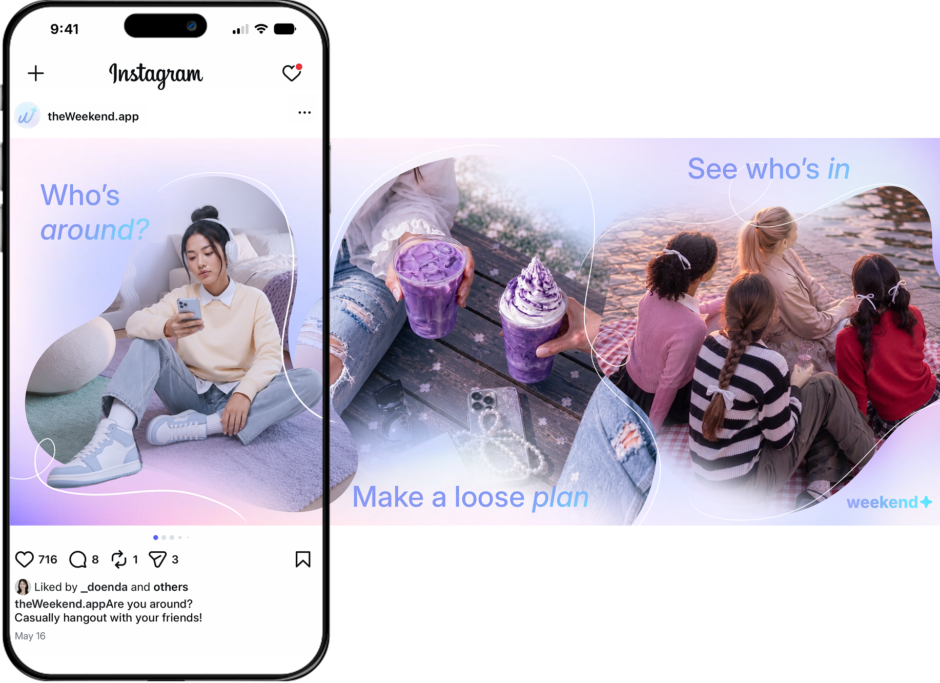 Weekend social campaign carousel with Instagram phone shell and wide artwork